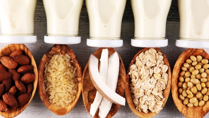 Unterschiedliche Milchalternativen werden dargestellt. Von Reismilch, Kokosmilch bis hin zu Hafermilch.